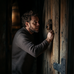 Michael trying to unlock the cellar | Source: Midjourney